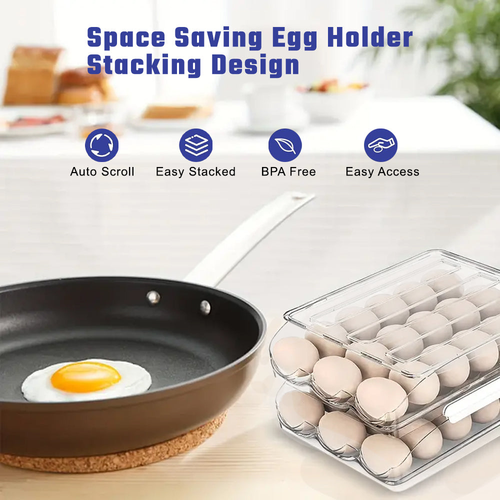 2 Layers Automatic Rolling Clear Egg Refrigerator Organizer with Lid