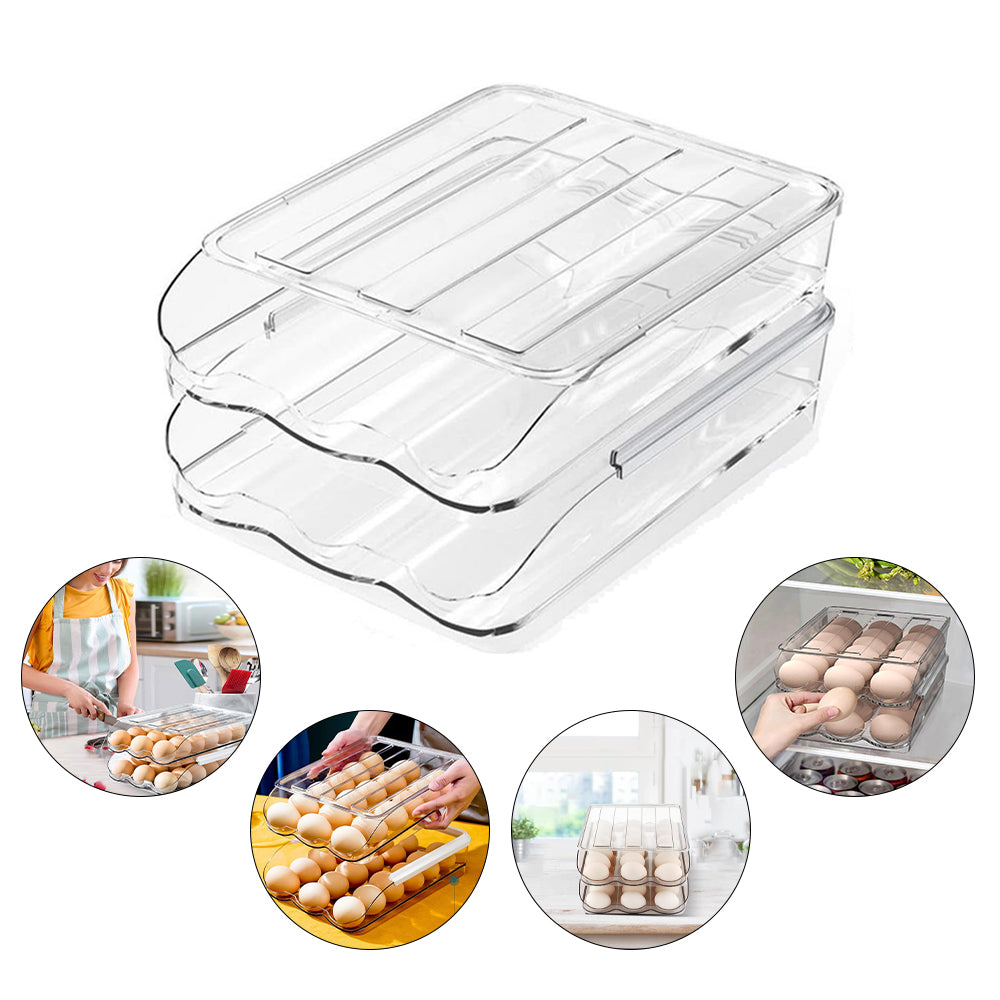 2 Layers Automatic Rolling Clear Egg Refrigerator Organizer with Lid