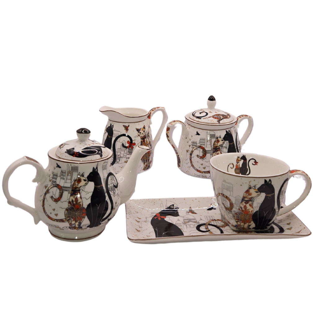 Whiskered Love Fine Bone China Tea Set | 5-Piece Cat-Inspired Set