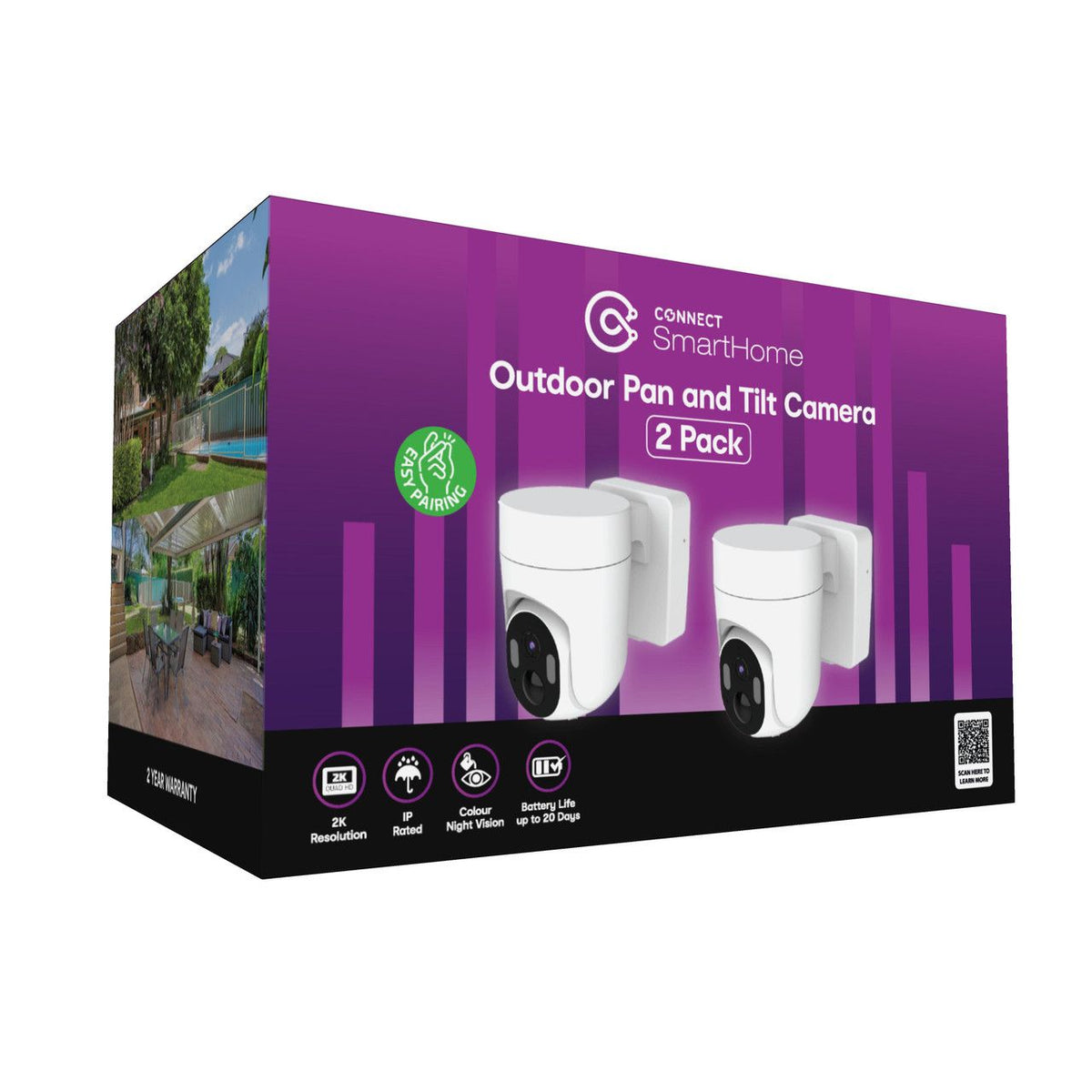 Connect SmartHome 2K Outdoor Security Camera 2 Pack 360 Pan Tilt Colour Night