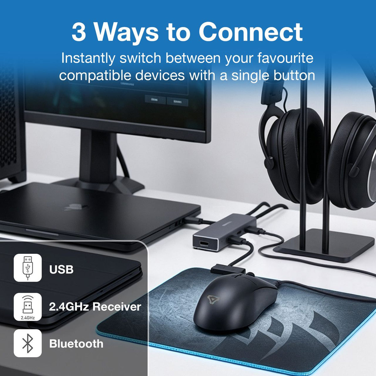 Wireless Gaming Mouse 7200 DPI Black 58g Lightweight Bluetooth 2.4GHz USB-C