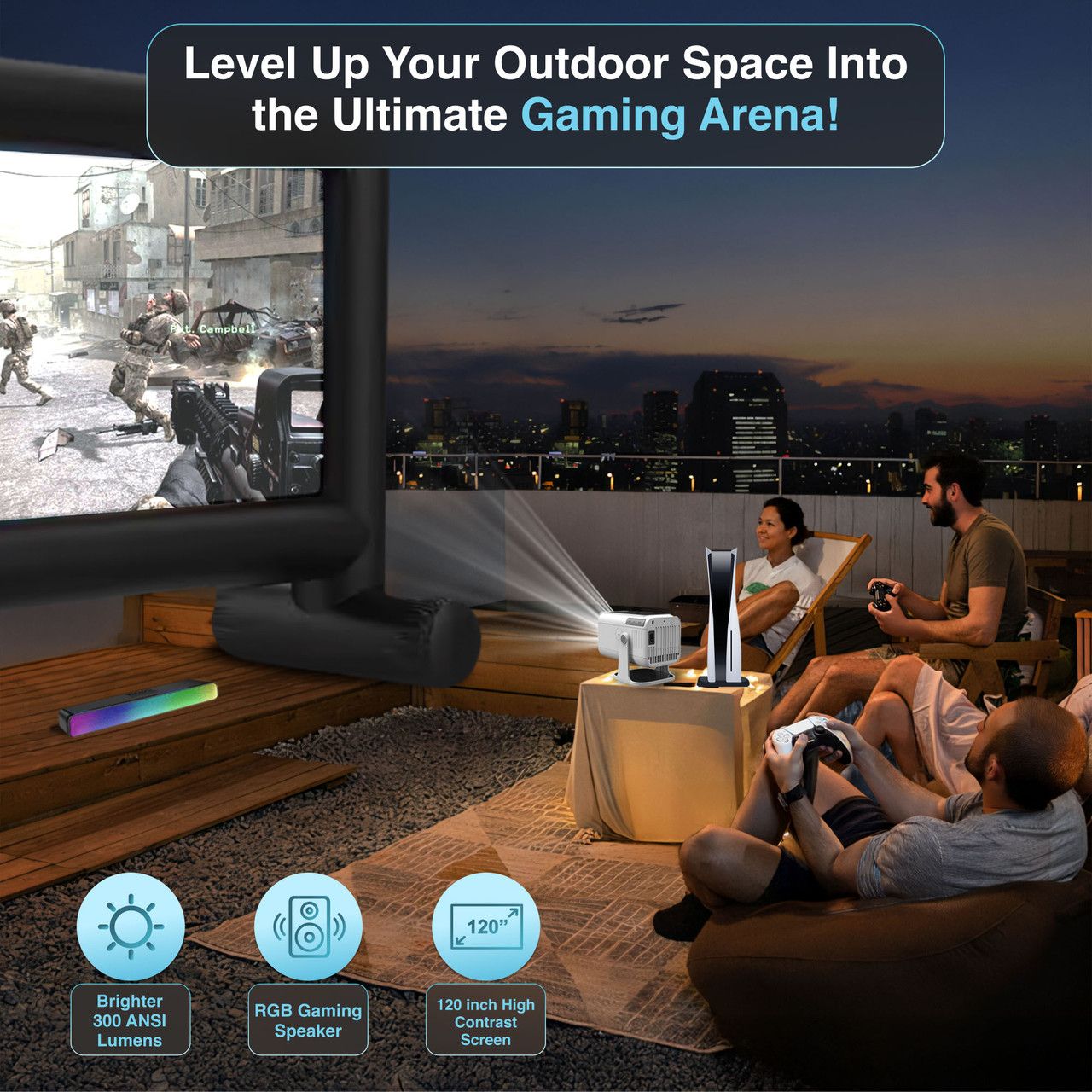 Precision Outdoor Gaming Projector Bundle with Inflatable Screen, 300lm