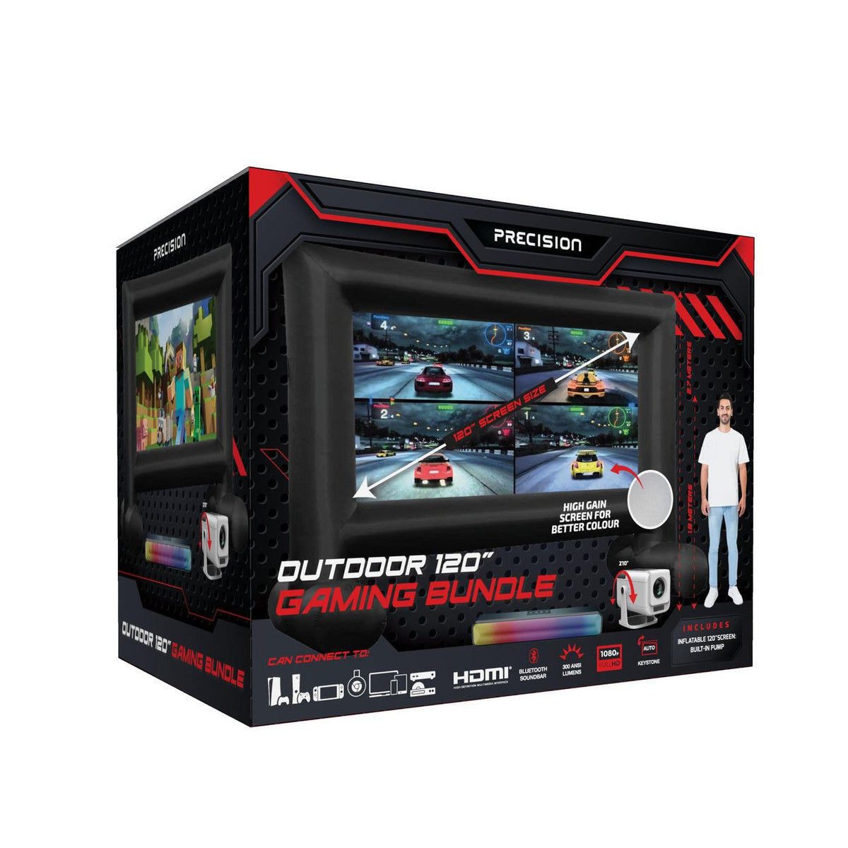 Precision Outdoor Gaming Projector Bundle with Inflatable Screen, 300lm