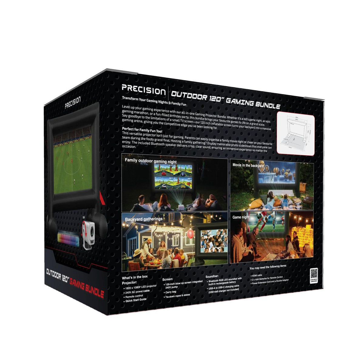Precision Outdoor Gaming Projector Bundle with Inflatable Screen, 300lm