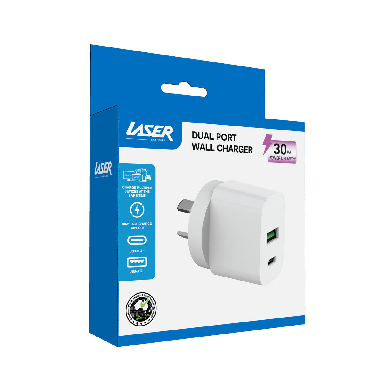 Laser Wall Charger USB A and C Fast Charge 30W