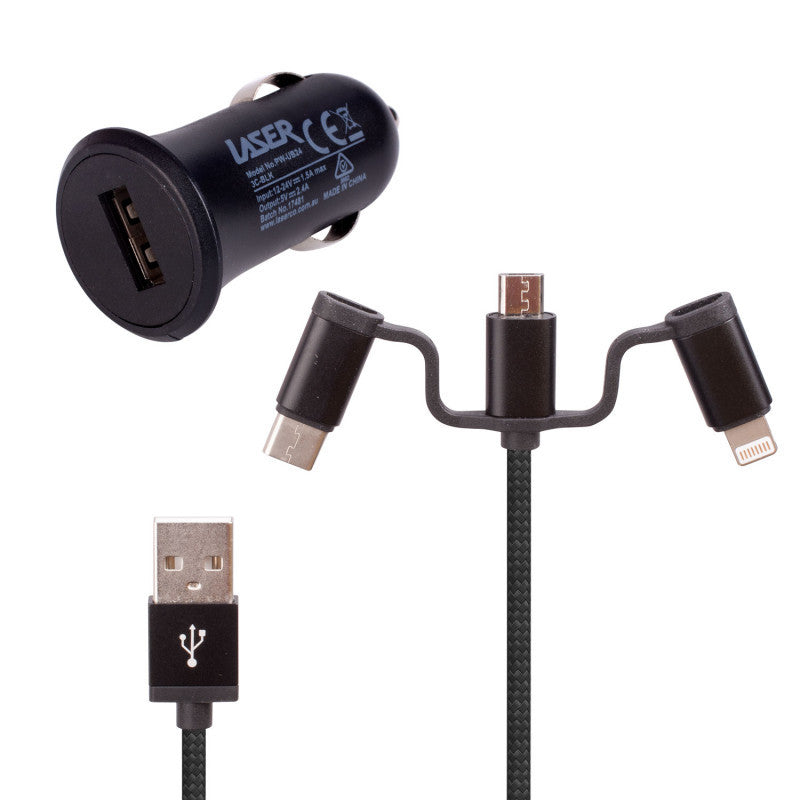 USB Car Charger Black with 3-in-1 Cable: Micro USB, Type-C