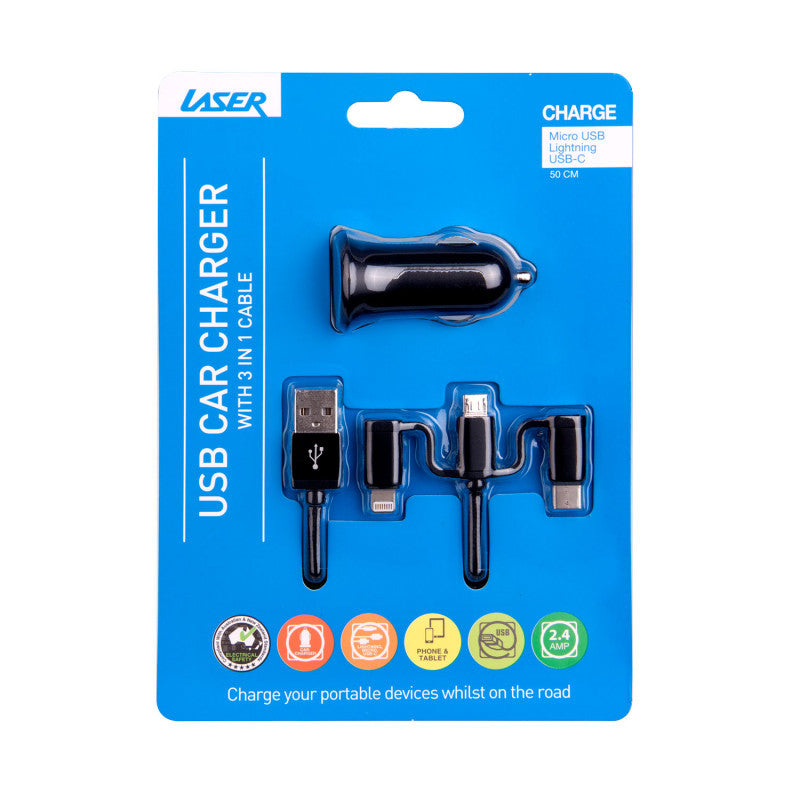 USB Car Charger Black with 3-in-1 Cable: Micro USB, Type-C