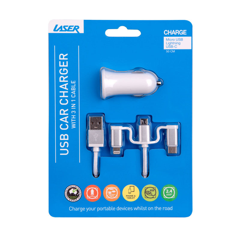 USB Car Charger with 3-in-1 Cable White