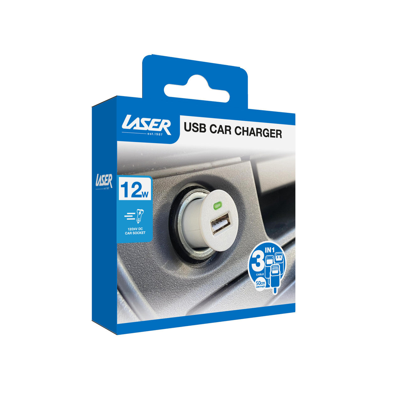 USB Car Charger with 3-in-1 Cable White