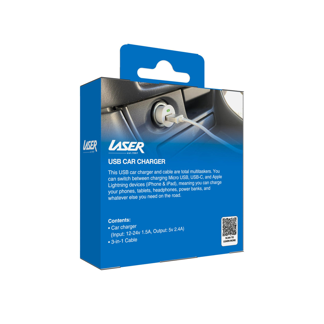 USB Car Charger with 3-in-1 Cable White