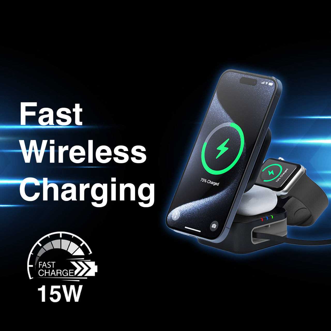 3 in 1 Foldable Wireless Charging Stand Black