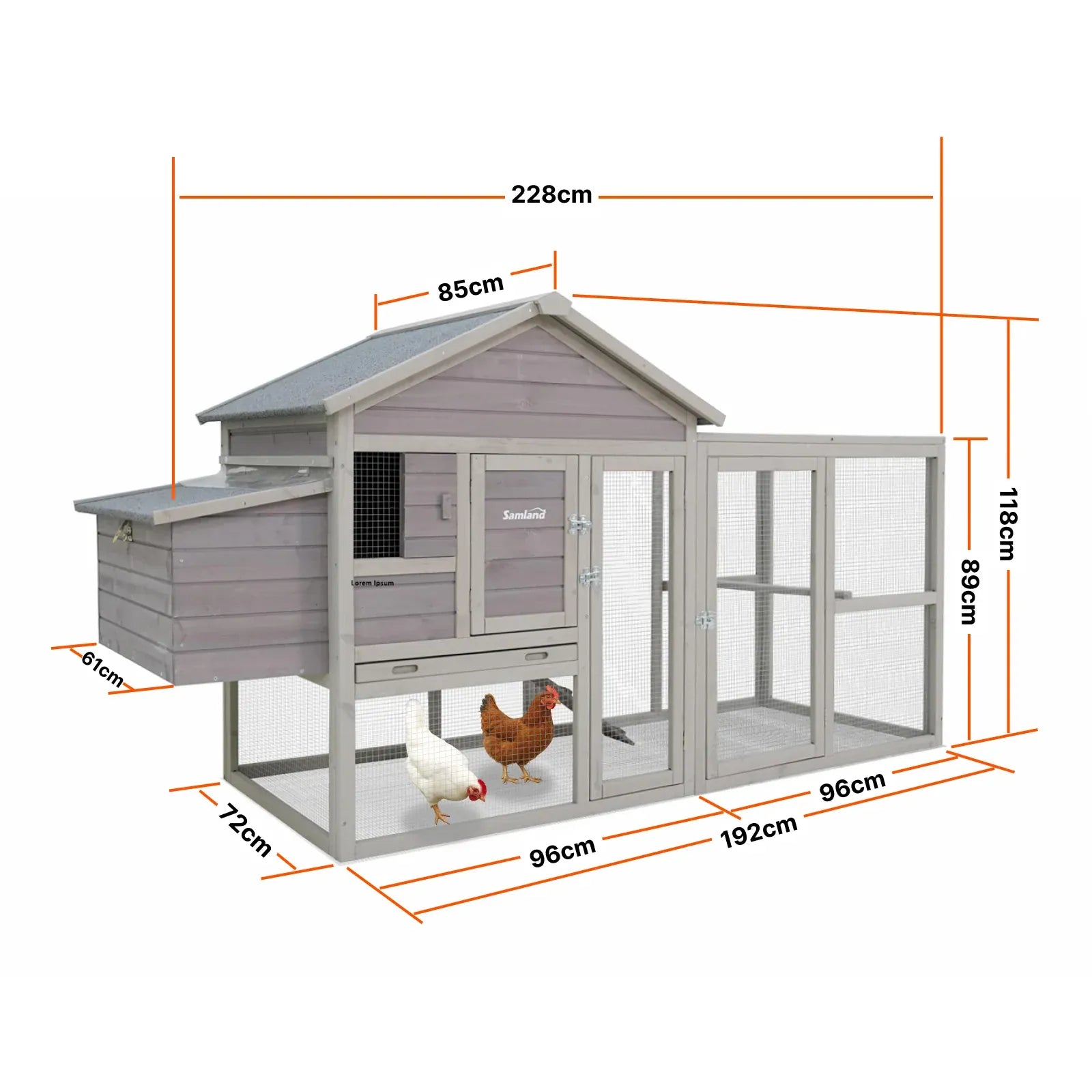 Samland Wooden Outdoor Chicken Coop with Nesting Box, Large Run & Waterproof Roof