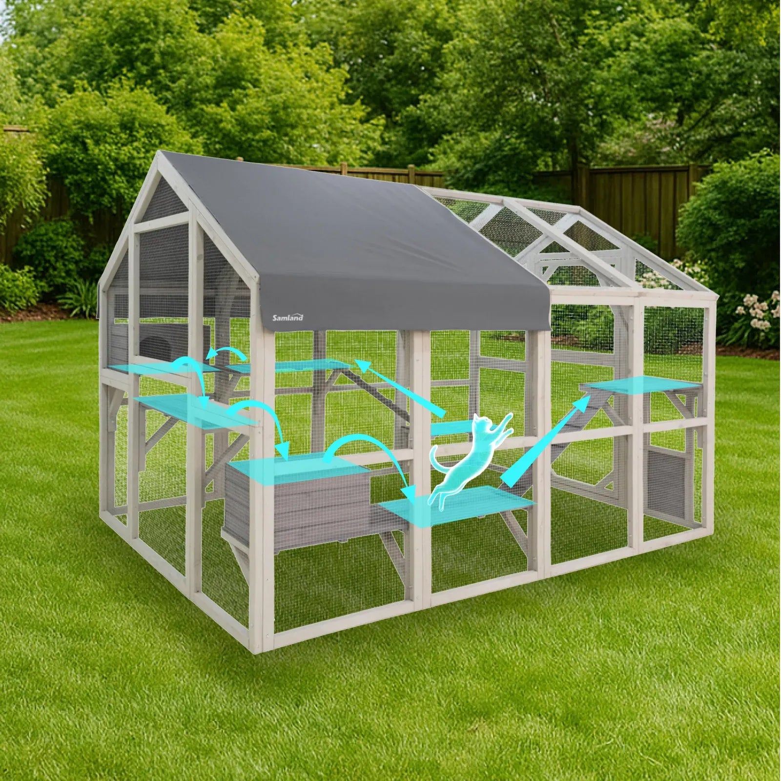 Samland Large Wooden Outdoor Cat House Catio with Platforms, Ramps, Cozy Houses and Weatherproof Roof