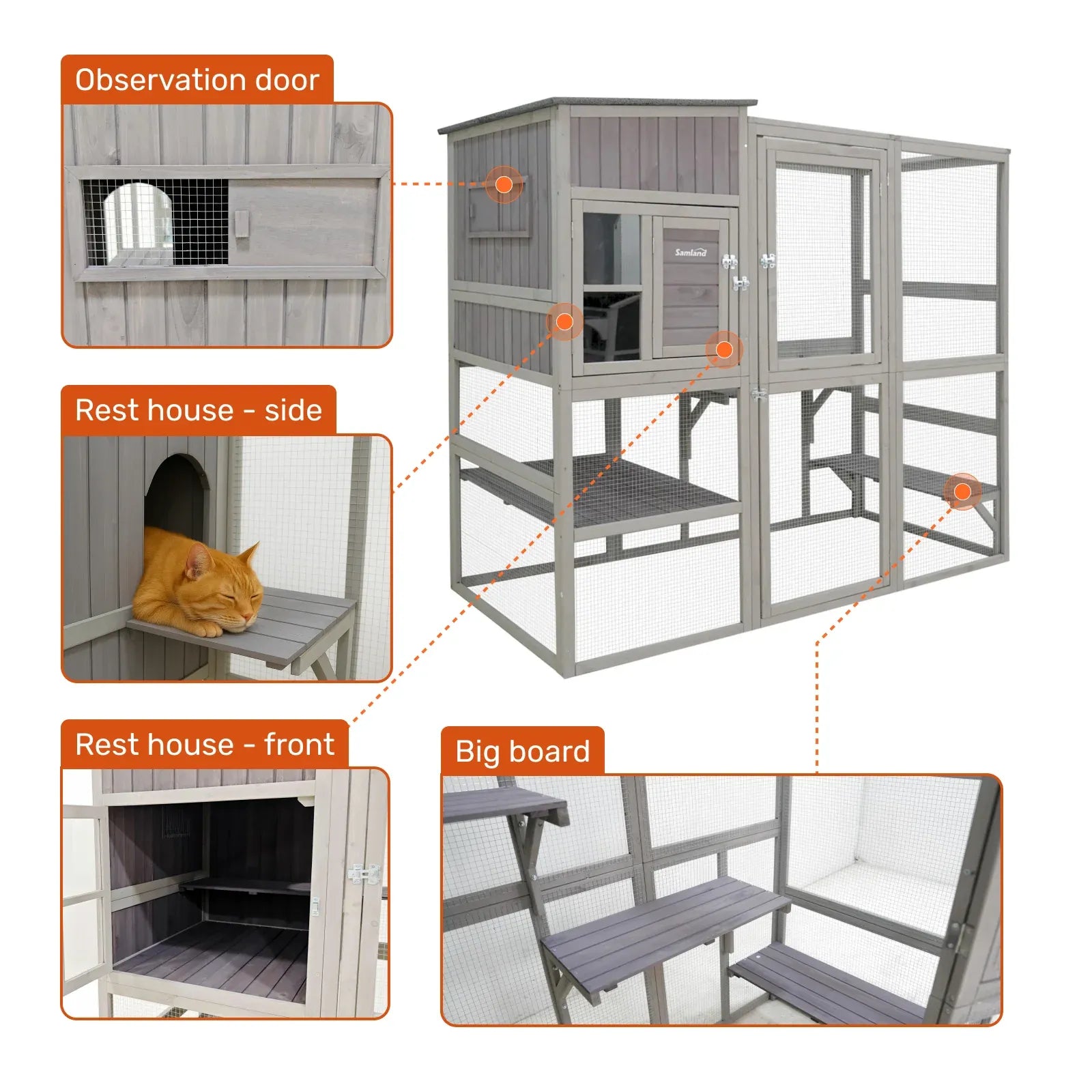 Samland Large Indoor & Outdoor Wooden Cat Enclosure with Sleeping House & Climbing Platforms