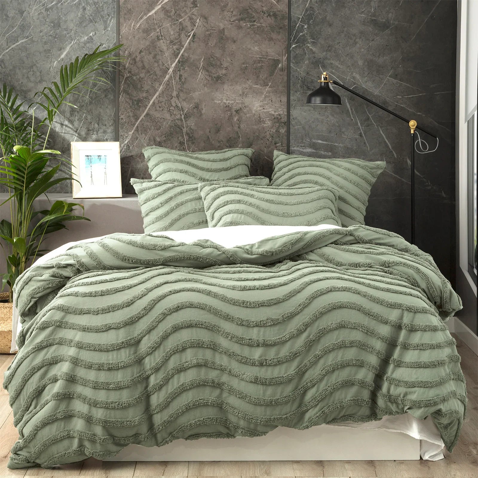Chenille Wave 100% Cotton Vintage Washed Sage Tufted Quilt Cover Set by  King