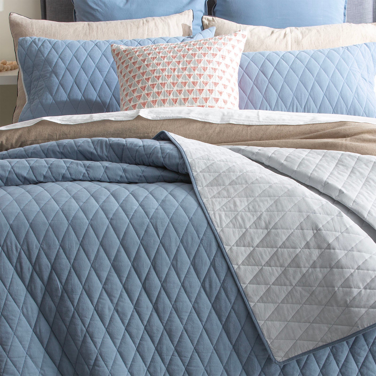 Diamante Vintage Stone Washed Cotton Reversible Quilted Blue Coverlet Set Queen/King