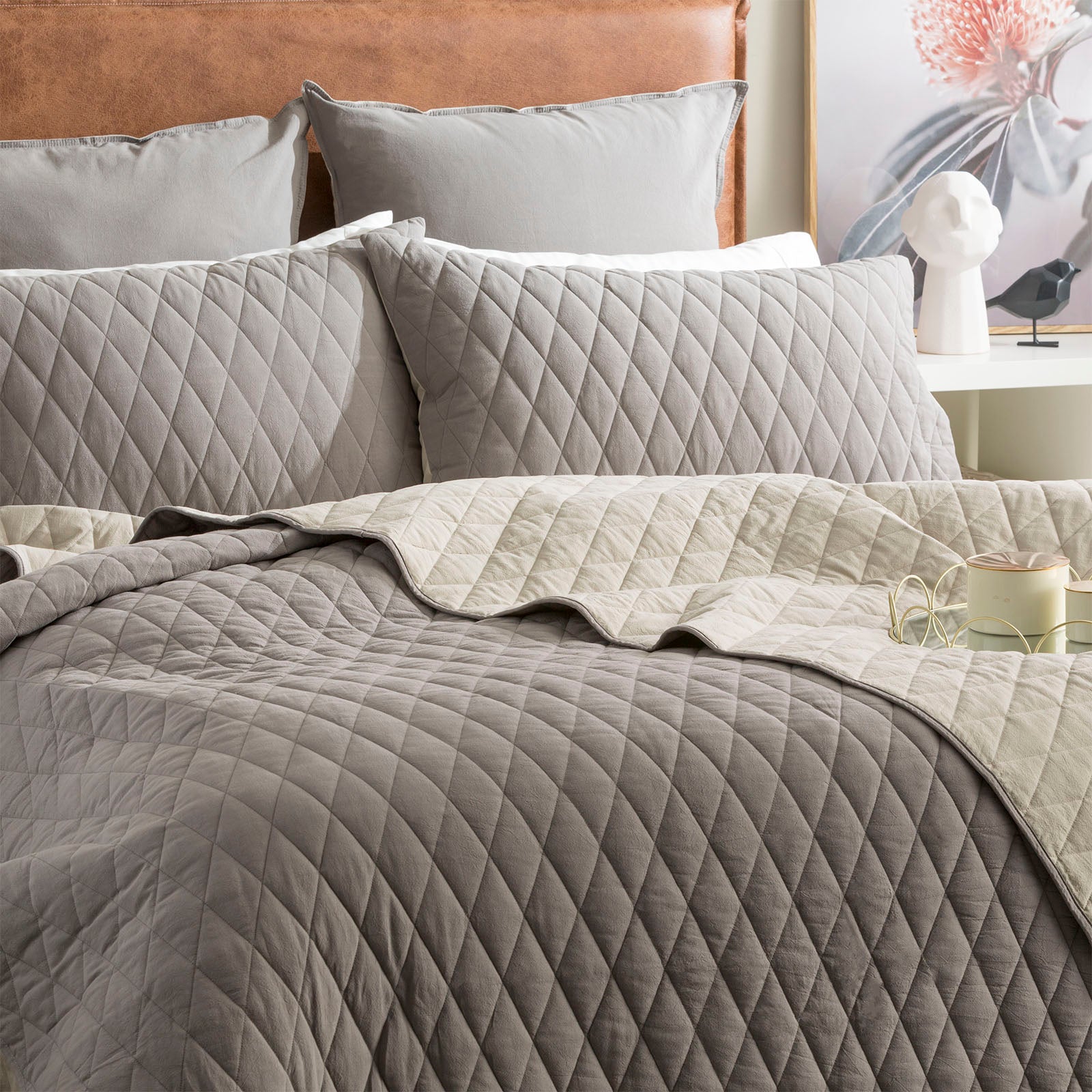 Diamante Vintage Stone Washed Cotton Reversible Quilted Charcoal Coverlet Set by  Queen/King