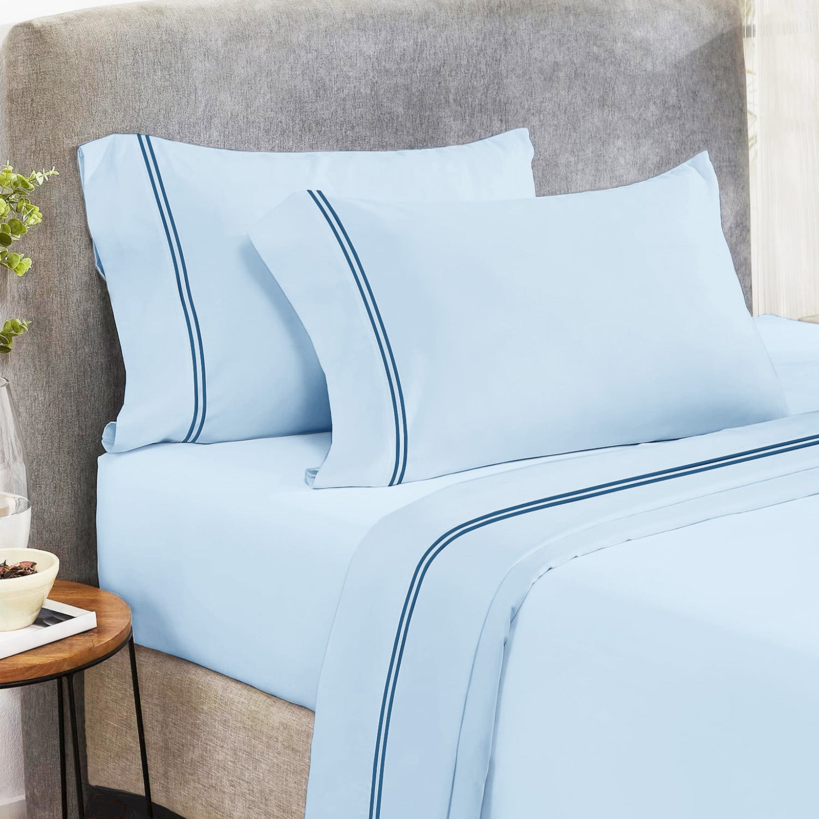 Strada Embroidered 1000 TC Egyptian Cotton Sky Navy Deep Queen Sheet sets