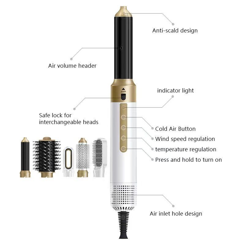 7-in-1 hair curler, automatic hair curler, hot air comb, hair dryer comb, straightening and curling, multifunctional hair tool, Australian hair styling, ceramic hair curler, volume comb, travel hair styler, all hair types - White - Size 7