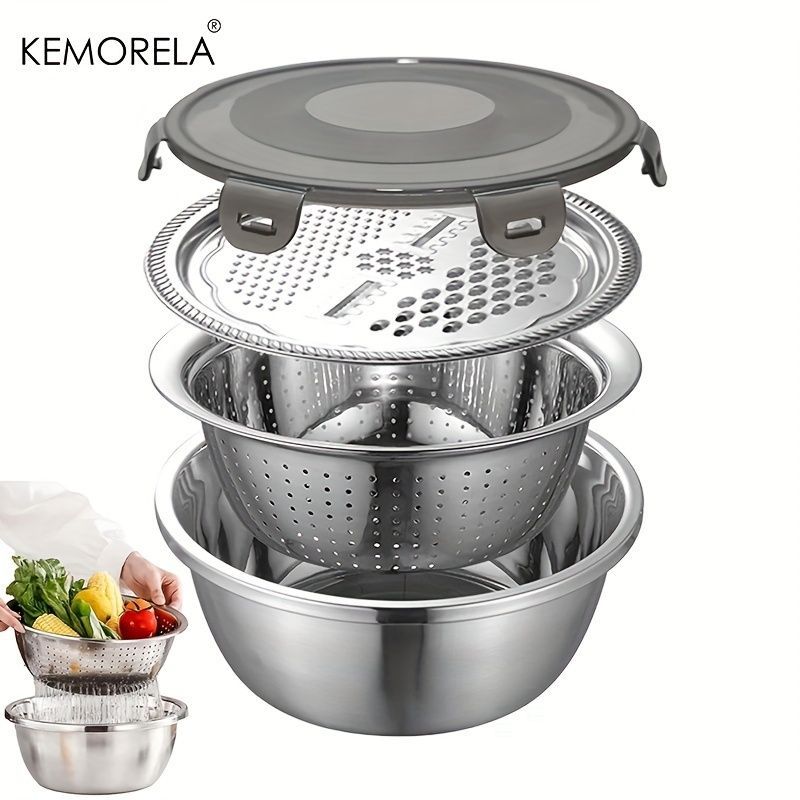 KEMORELA, 4-in-1 kitchen set, stainless steel kitchen tools, Australian kitchen essentials, rice washer, grater, colander, cooking prep tools, kitchen storage, home cooking gadgets, mixing bowl with lid, kitchen space saver, multi-purpose kitchen set - Si
