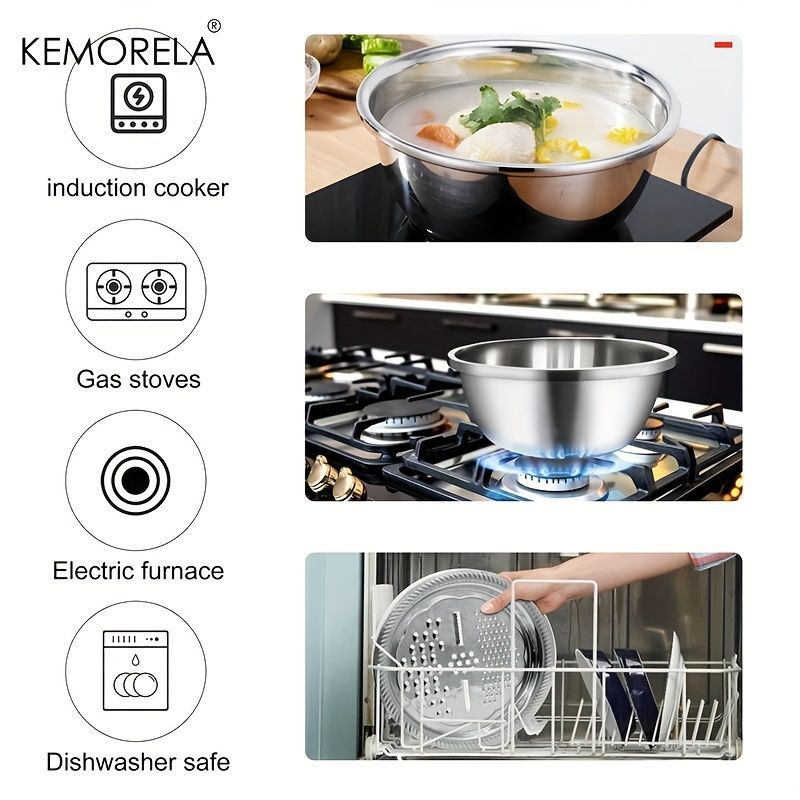 KEMORELA, 4-in-1 kitchen set, stainless steel kitchen tools, Australian kitchen essentials, rice washer, grater, colander, cooking prep tools, kitchen storage, home cooking gadgets, mixing bowl with lid, kitchen space saver, multi-purpose kitchen set - Si
