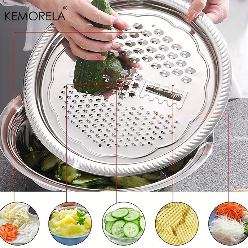 KEMORELA, 4-in-1 kitchen set, stainless steel kitchen tools, Australian kitchen essentials, rice washer, grater, colander, cooking prep tools, kitchen storage, home cooking gadgets, mixing bowl with lid, kitchen space saver, multi-purpose kitchen set - Si