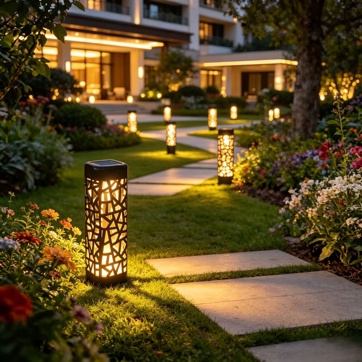 solar garden lights, outdoor waterproof lights, warm white LED pathway lights, automatic dusk to dawn lights, landscape lighting, lawn lights, patio lights, driveway lights, solar stake lights, Australian outdoor lights - White light - Size 6PCS