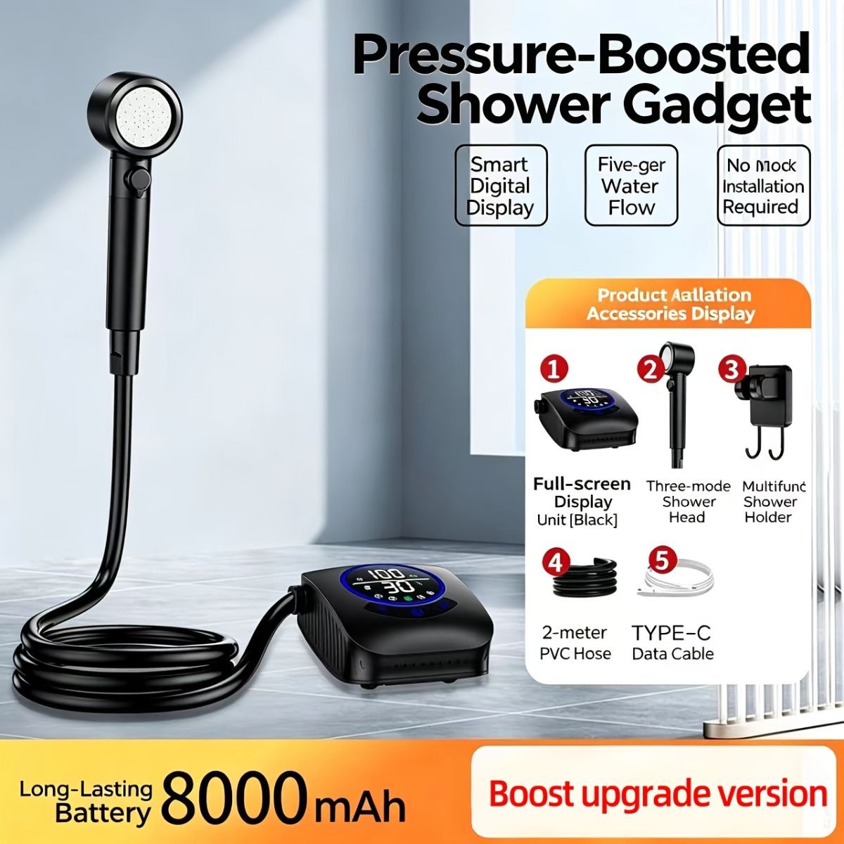 Portable Shower Head 8000mAh Battery Multi-Functional Shower Indoor Outdoor Use - Black - Size 8000amh