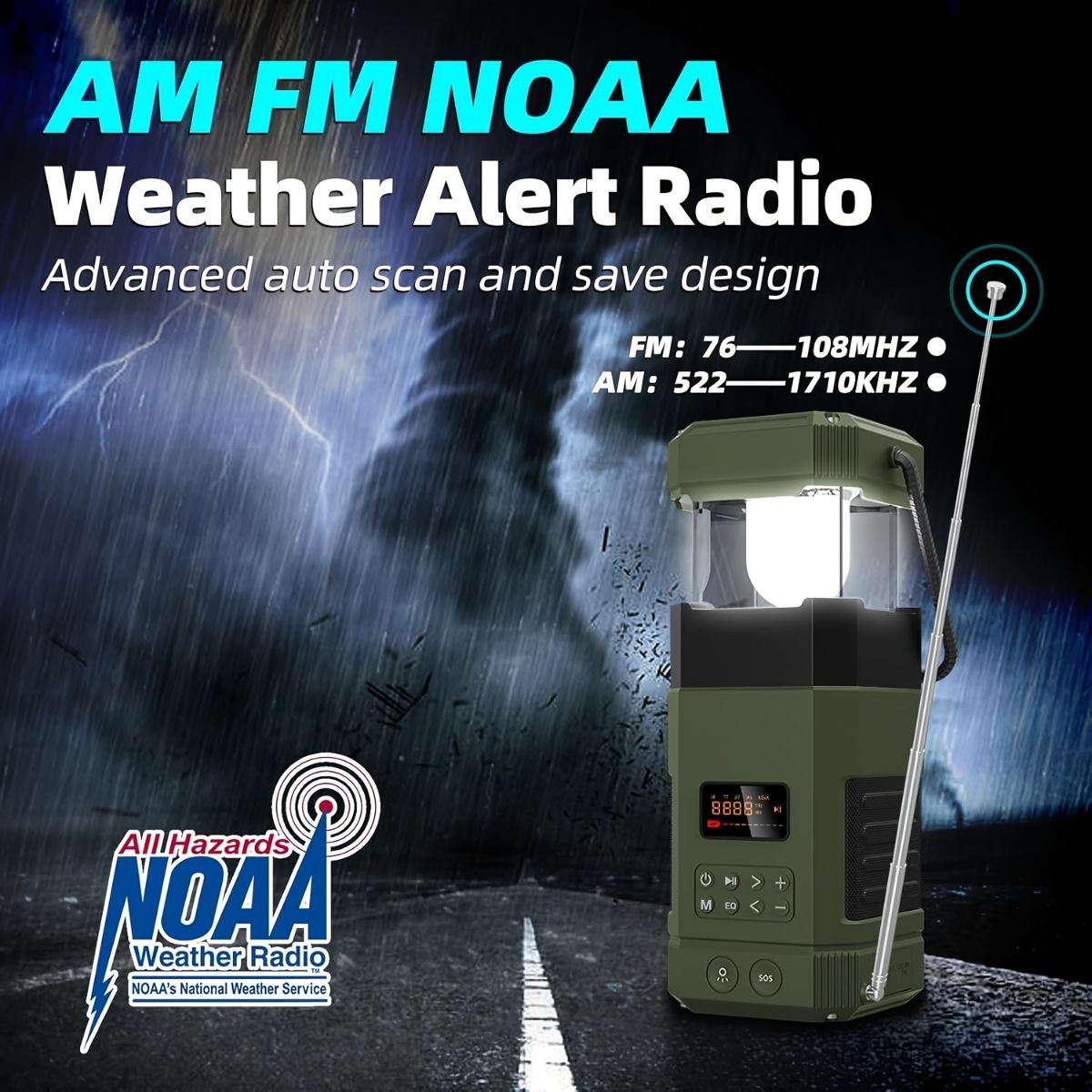 AM FM radio, NOAA weather alert radio, hand crank emergency radio, solar camping light, Bluetooth speaker radio, portable phone charger radio, outdoor survival radio, camping radio Australia, disaster preparedness radio, rechargeable weather radio - Green