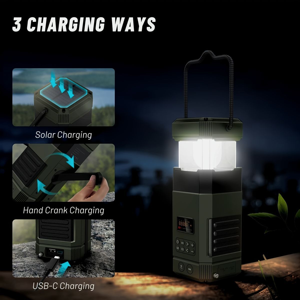 AM FM radio, NOAA weather alert radio, hand crank emergency radio, solar camping light, Bluetooth speaker radio, portable phone charger radio, outdoor survival radio, camping radio Australia, disaster preparedness radio, rechargeable weather radio - Green