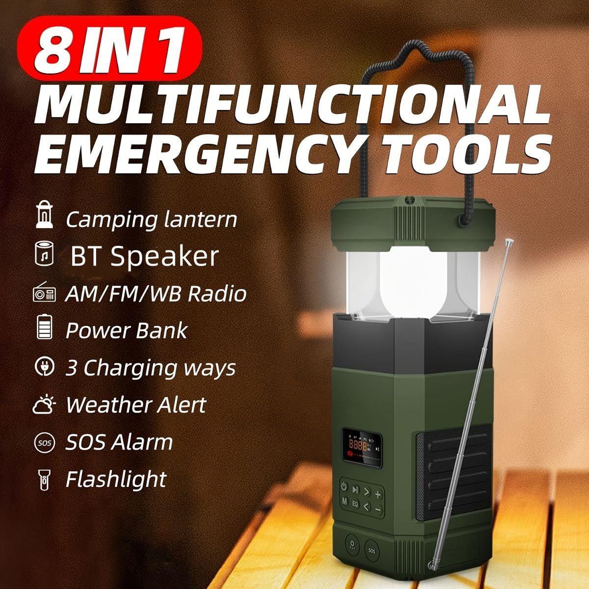 AM FM radio, NOAA weather alert radio, hand crank emergency radio, solar camping light, Bluetooth speaker radio, portable phone charger radio, outdoor survival radio, camping radio Australia, disaster preparedness radio, rechargeable weather radio - Green