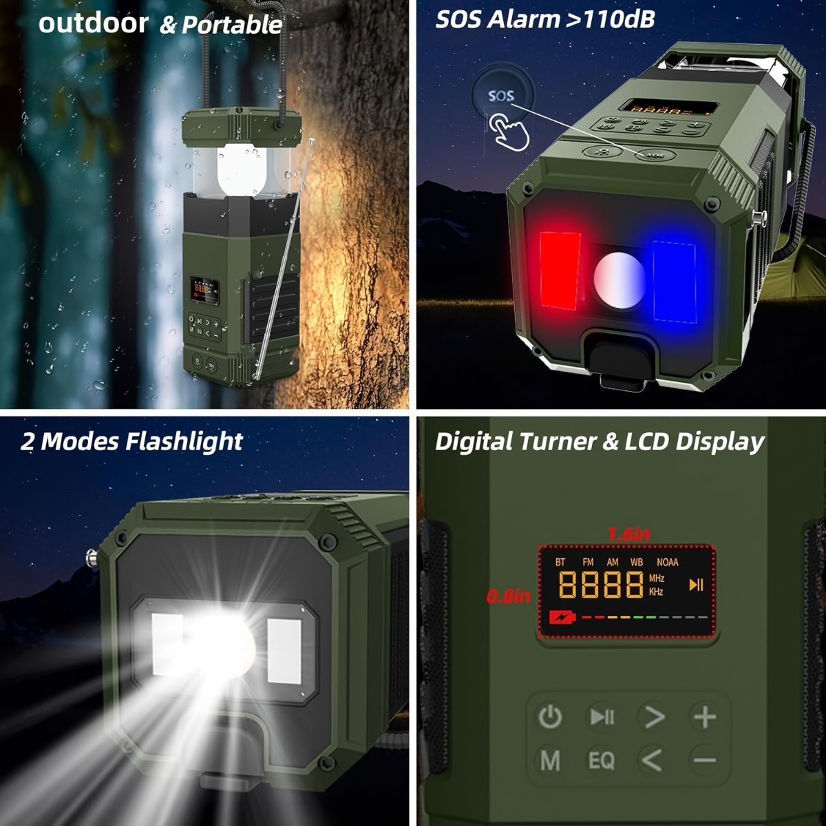 AM FM radio, NOAA weather alert radio, hand crank emergency radio, solar camping light, Bluetooth speaker radio, portable phone charger radio, outdoor survival radio, camping radio Australia, disaster preparedness radio, rechargeable weather radio - Green