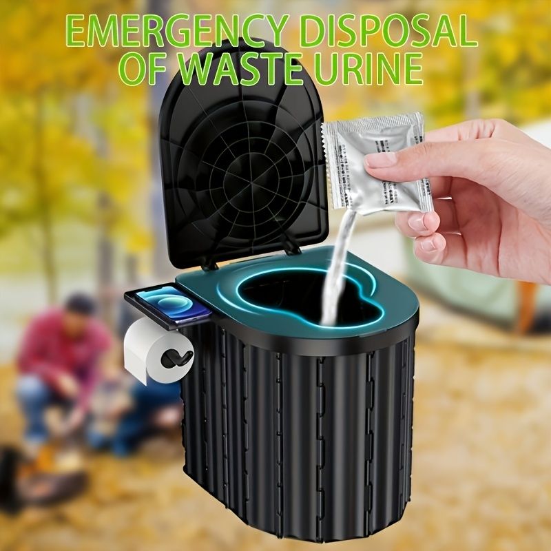 Black collapsible camping toilet, portable outdoor toilet, camping furniture Australia, lightweight camping gear, compact toilet for travel, camping sanitation solution