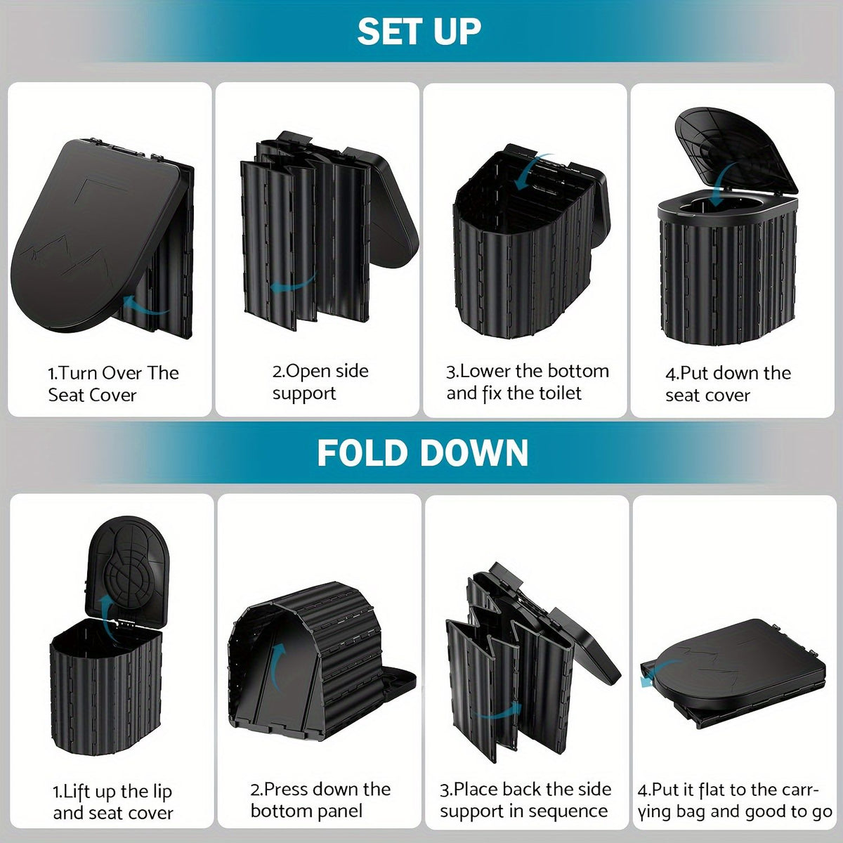 Black collapsible camping toilet, portable outdoor toilet, camping furniture Australia, lightweight camping gear, compact toilet for travel, camping sanitation solution