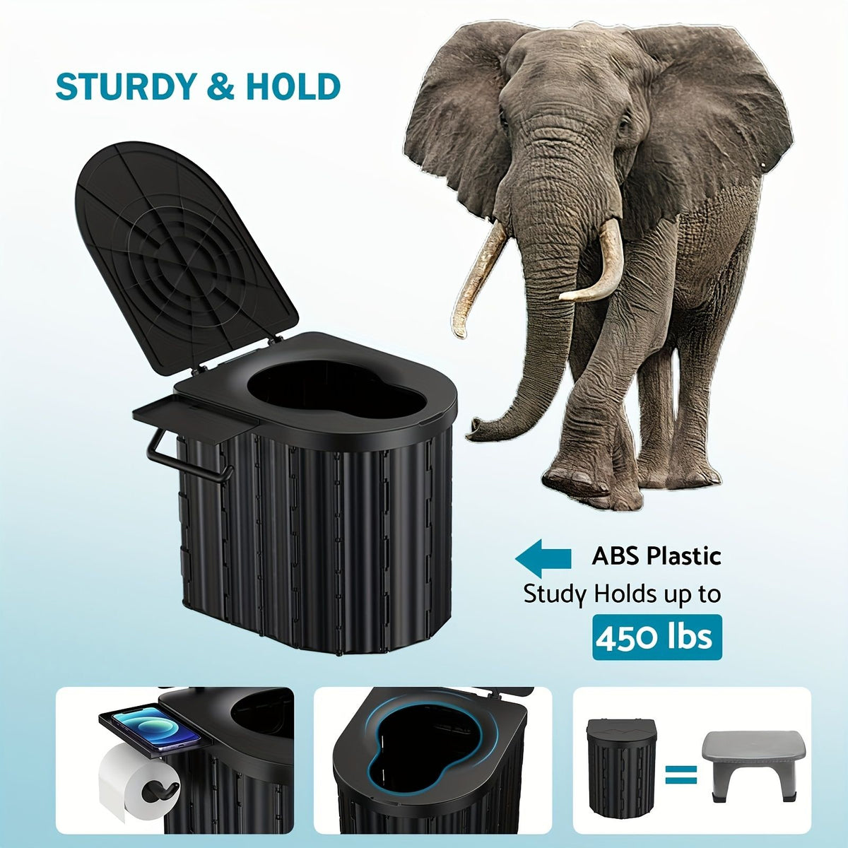 Black collapsible camping toilet, portable outdoor toilet, camping furniture Australia, lightweight camping gear, compact toilet for travel, camping sanitation solution