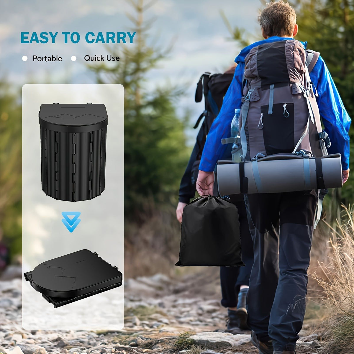 Black collapsible camping toilet, portable outdoor toilet, camping furniture Australia, lightweight camping gear, compact toilet for travel, camping sanitation solution