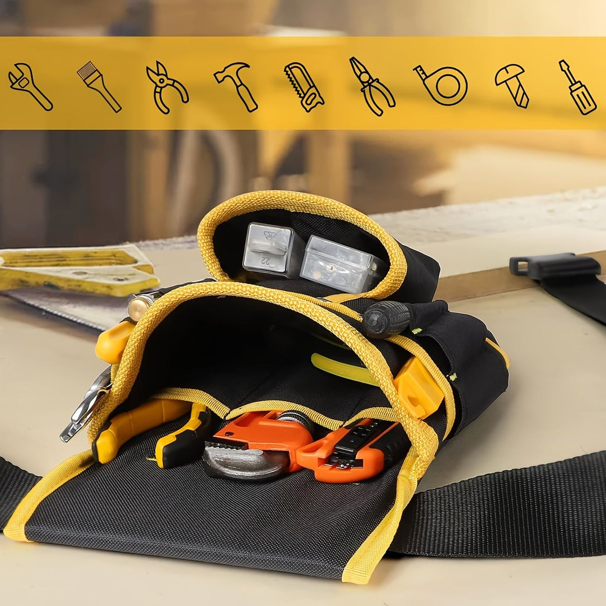 Black Yellow tool belt, industrial tools, work safety equipment, multiple pockets, durable tool belt, Australia
