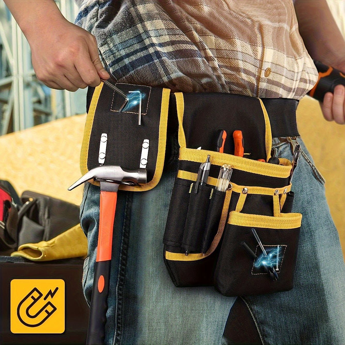 Black Yellow tool belt, industrial tools, work safety equipment, multiple pockets, durable tool belt, Australia
