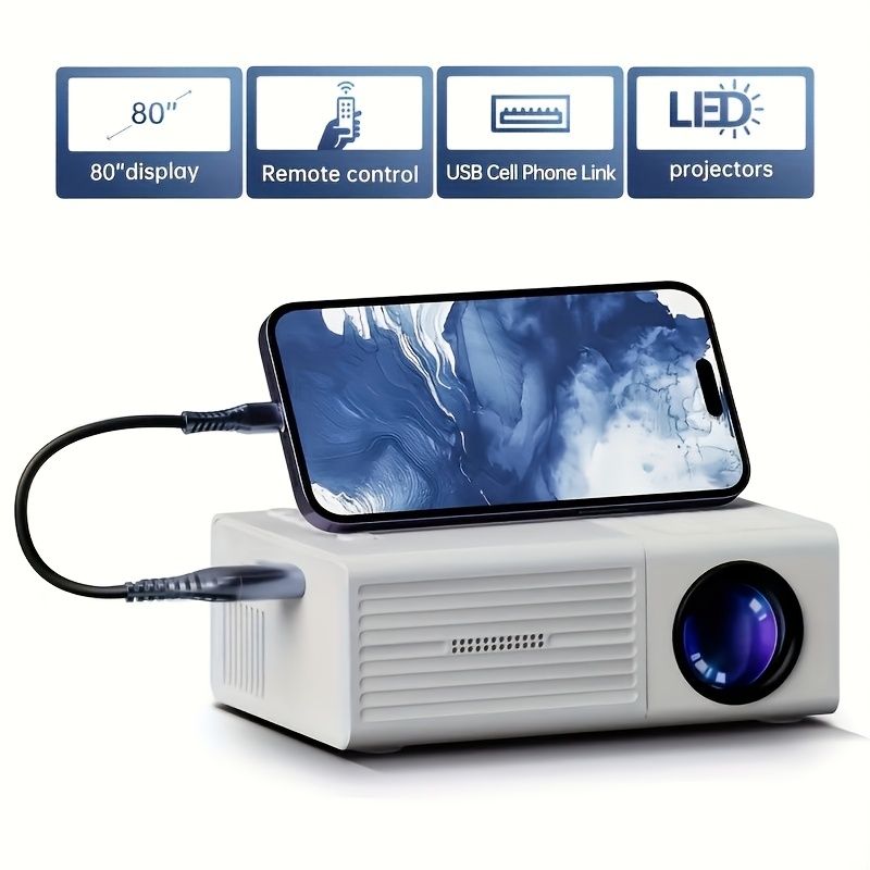 LED Projector 80‑Inch – Remote Control, USB Phone Link, Home Entertainment