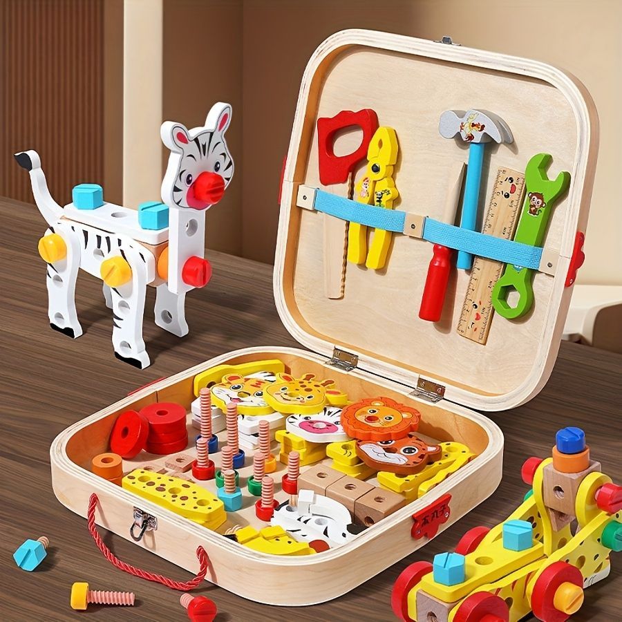wooden animal building toy, kids tool set, educational toy Australia, preschool construction toy, creative play for children, gift for boys and girls, non-toxic wooden toys - Multi - Size JHTOY-354