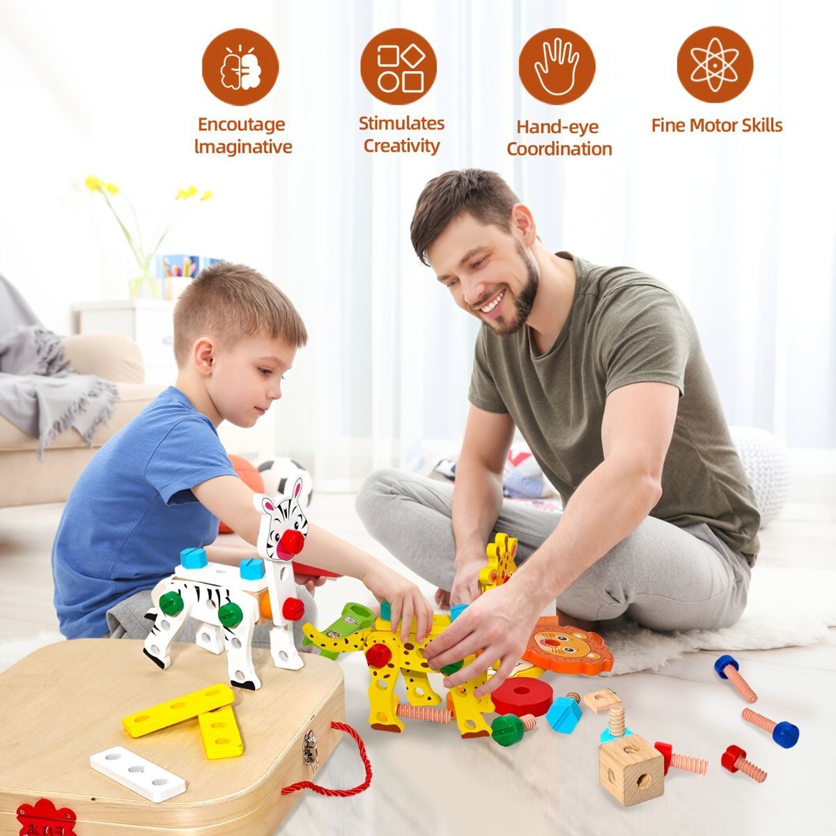 wooden animal building toy, kids tool set, educational toy Australia, preschool construction toy, creative play for children, gift for boys and girls, non-toxic wooden toys - Multi - Size JHTOY-354