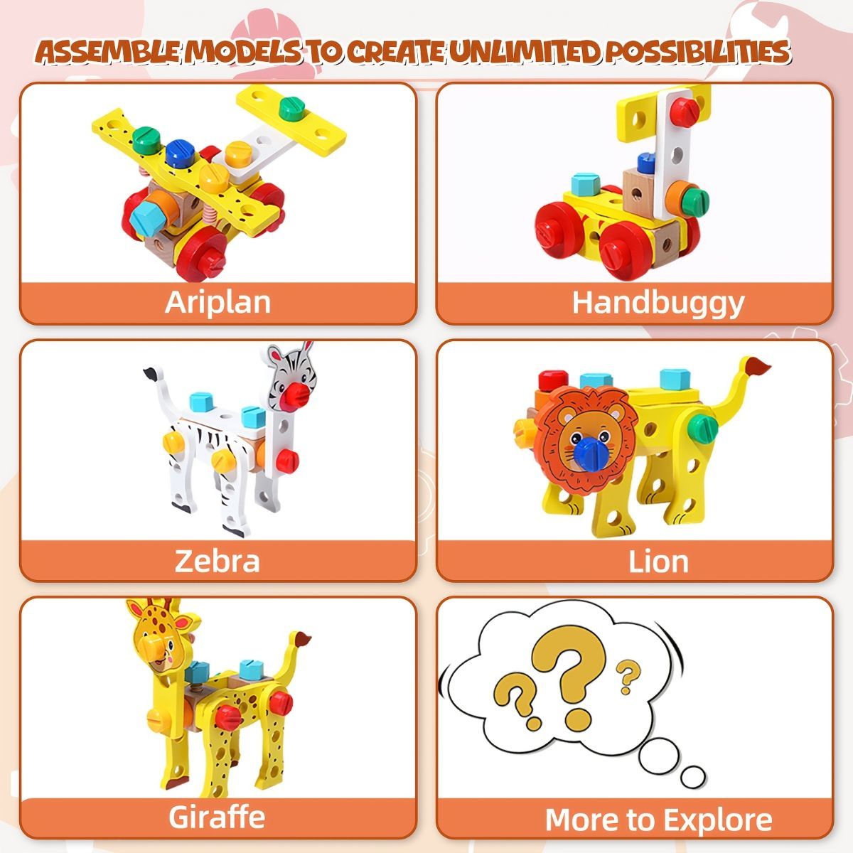wooden animal building toy, kids tool set, educational toy Australia, preschool construction toy, creative play for children, gift for boys and girls, non-toxic wooden toys - Multi - Size JHTOY-354