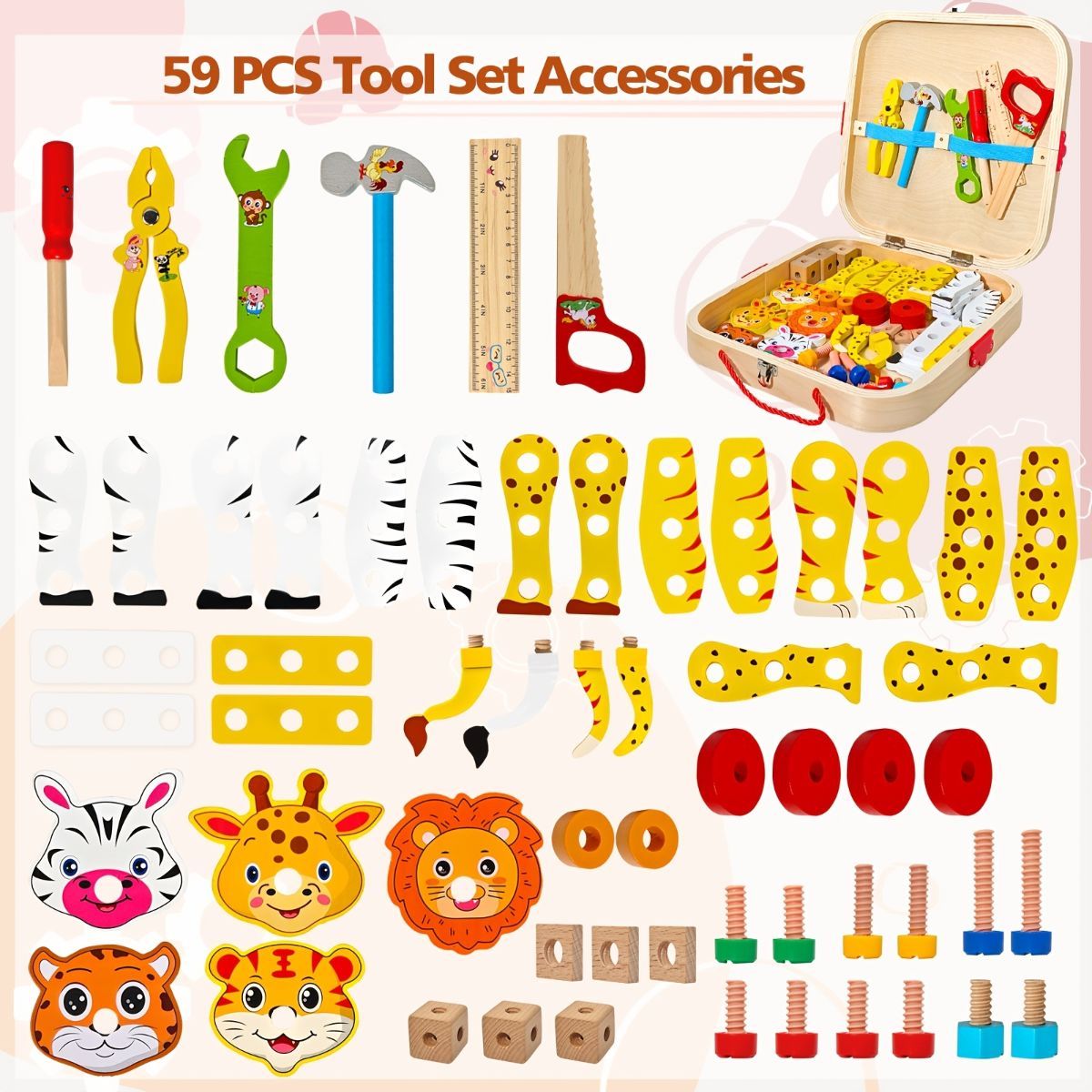 wooden animal building toy, kids tool set, educational toy Australia, preschool construction toy, creative play for children, gift for boys and girls, non-toxic wooden toys - Multi - Size JHTOY-354