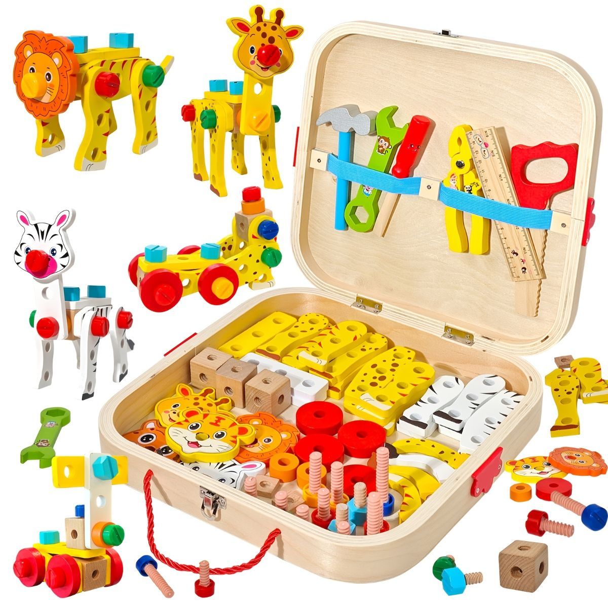 wooden animal building toy, kids tool set, educational toy Australia, preschool construction toy, creative play for children, gift for boys and girls, non-toxic wooden toys - Multi - Size JHTOY-354
