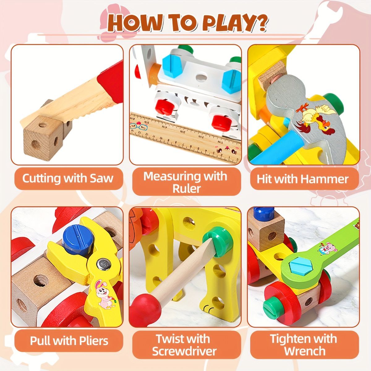 wooden animal building toy, kids tool set, educational toy Australia, preschool construction toy, creative play for children, gift for boys and girls, non-toxic wooden toys - Multi - Size JHTOY-354