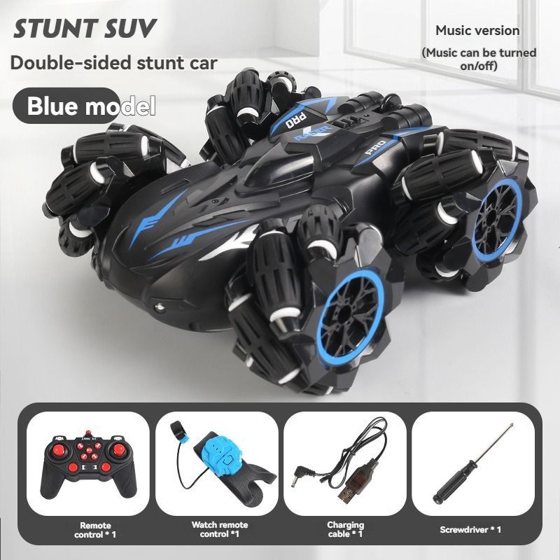 2.4G remote control car, electric stunt car, drifting car, spray function, kids toy car, double-sided stunt car, watch remote control, outdoor RC toy, rechargeable toy car - Blue - Size Dual-control