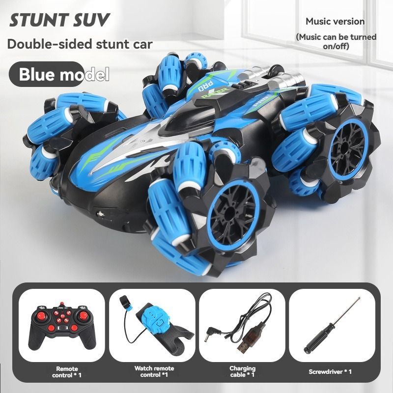 2.4G remote control car, electric stunt car, drifting car, spray function, kids toy car, double-sided stunt car, watch remote control, outdoor RC toy, rechargeable toy car - Blue - Size Dual-control