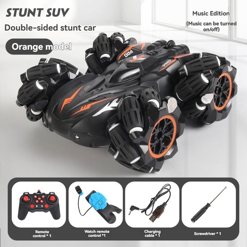2.4G remote control car, electric stunt car, drifting car, spray function, kids toy car, double-sided stunt car, watch remote control, outdoor RC toy, rechargeable toy car - black and blue - Size Dual-control