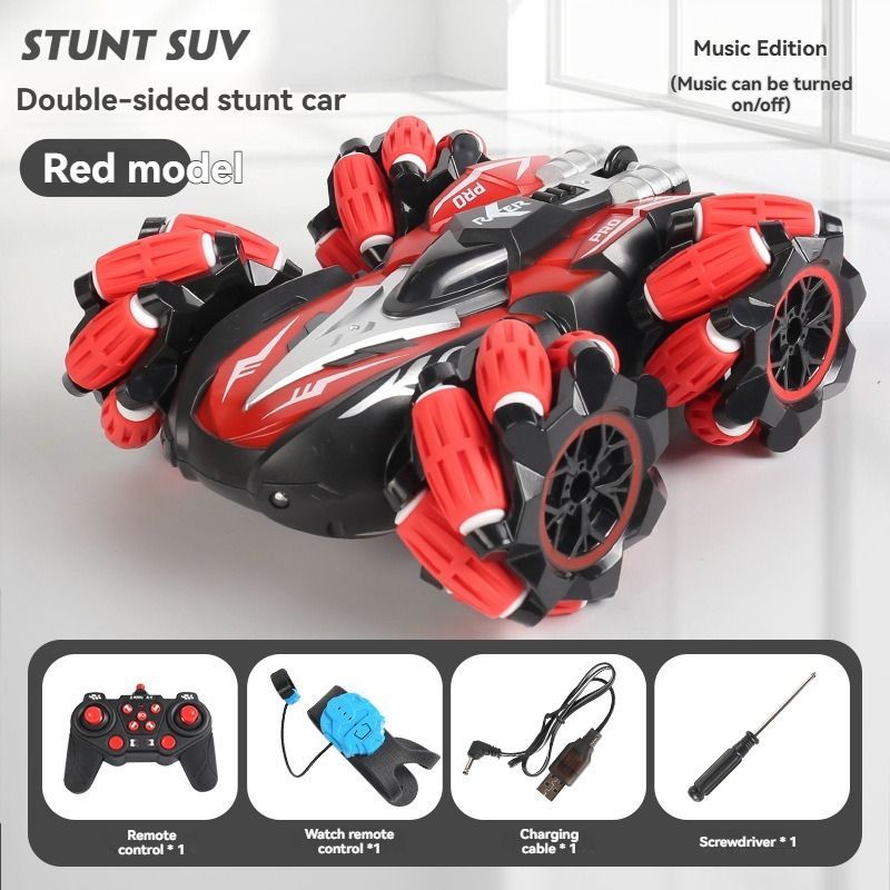 2.4G remote control car, electric stunt car, drifting car, spray function, kids toy car, double-sided stunt car, watch remote control, outdoor RC toy, rechargeable toy car - black and blue - Size Dual-control