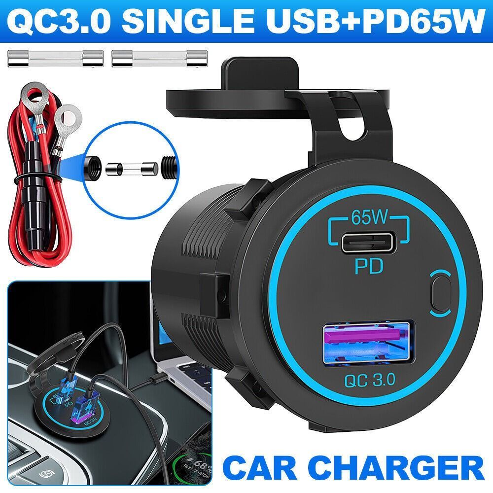 65W PD 12V USB Outlet for Laptop - Car Charger Socket Multi Port USB Outlet Quick Charge3.0 18W with Power Switch Long